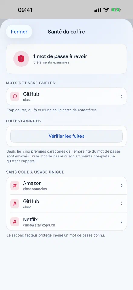 L'écran « Santé du coffre » : le nombre de mots de passe à revoir, la liste des mots de passe faibles, un bouton pour vérifier les fuites connues, et les entrées sans code à usage unique.