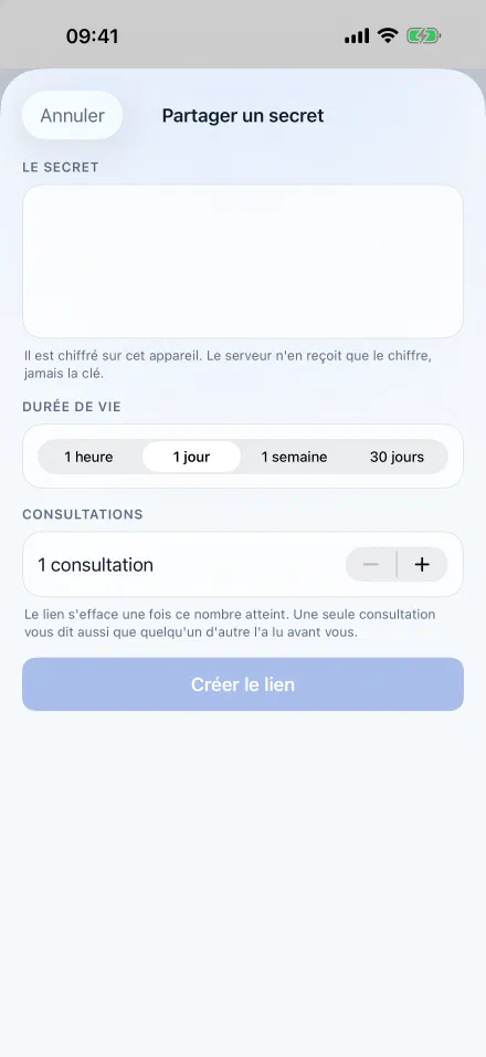 L'écran « Partager un secret » : une zone de saisie, un choix de durée de vie entre une heure et trente jours, un nombre de consultations, et un bouton pour créer le lien.