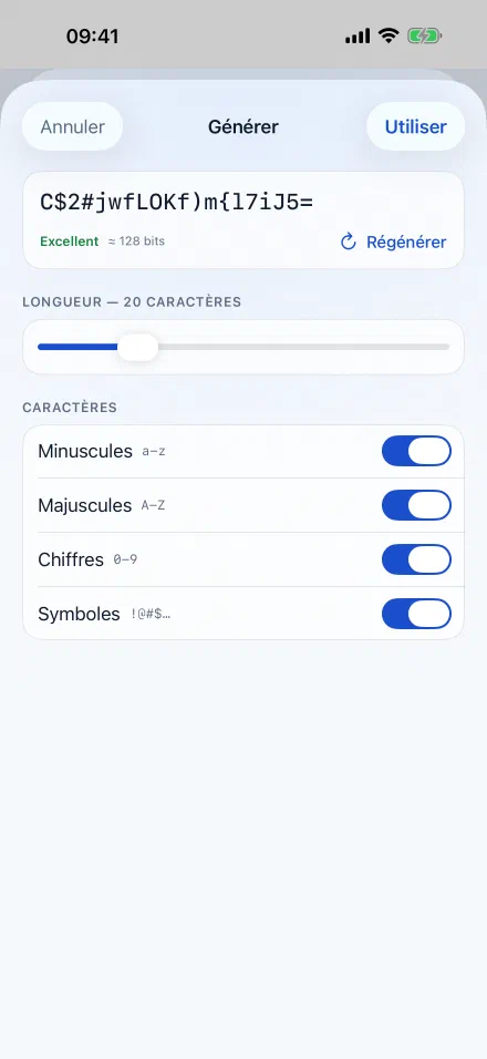 Le générateur de mot de passe : la proposition en cours avec sa force estimée en bits, un curseur de longueur, et quatre interrupteurs pour les minuscules, les majuscules, les chiffres et les symboles.